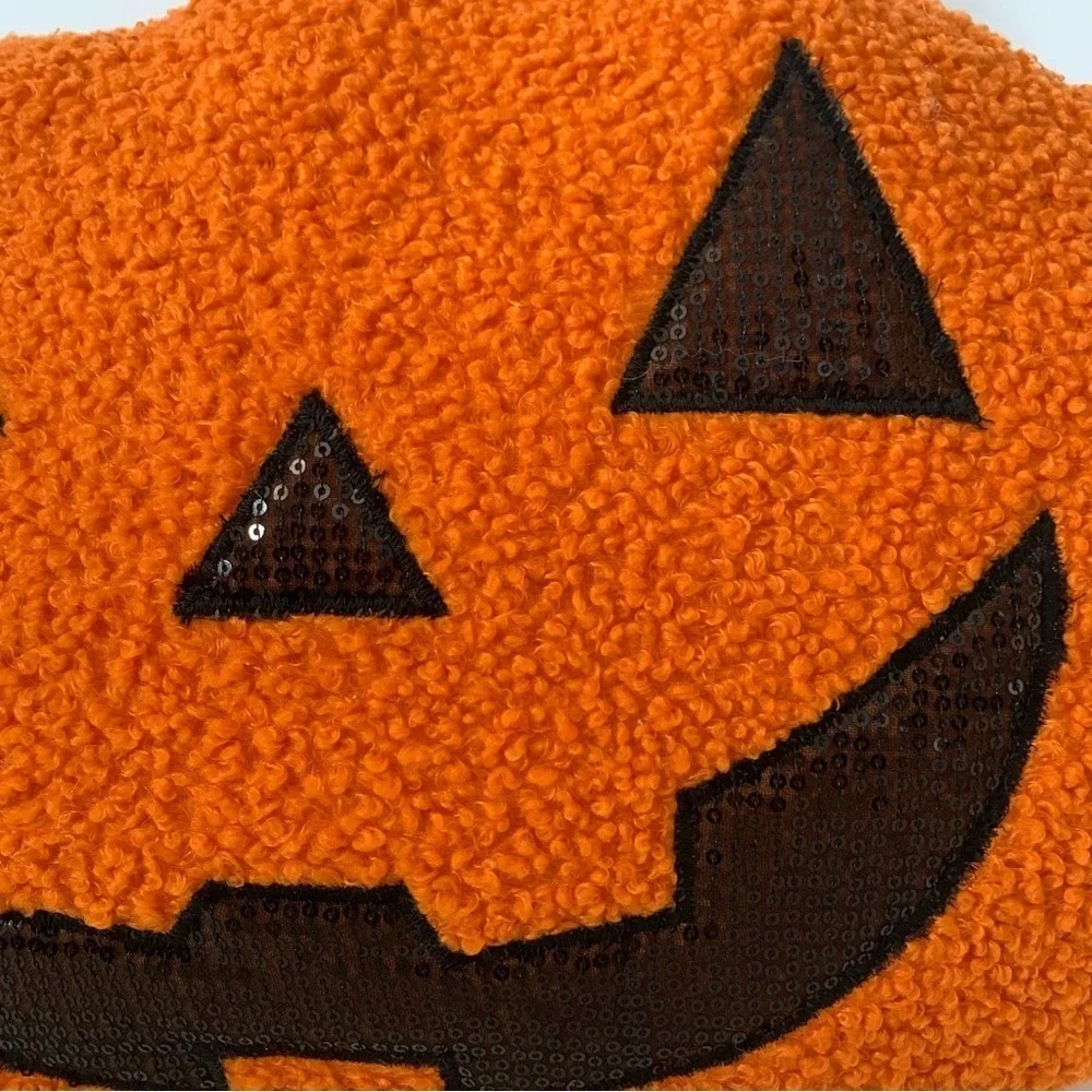 NWT. WAY TO CELEBRATE Pumpkin Jack-O-Lantern Sequin Face Pillow